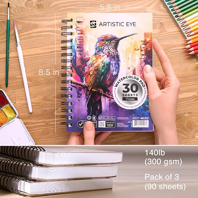 ARTISTIC EYE 5.5x8.5 Premium Watercolor Pads, Spiral Bound, Acid-Free Paper - Image 2