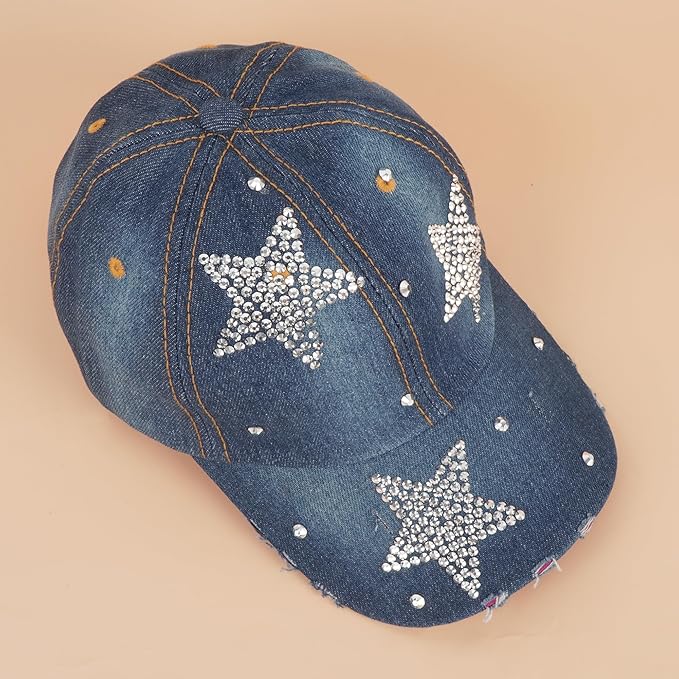 Hoce Fashion Rhinestone Denim Baseball Cap Studded Bling Hat for Women