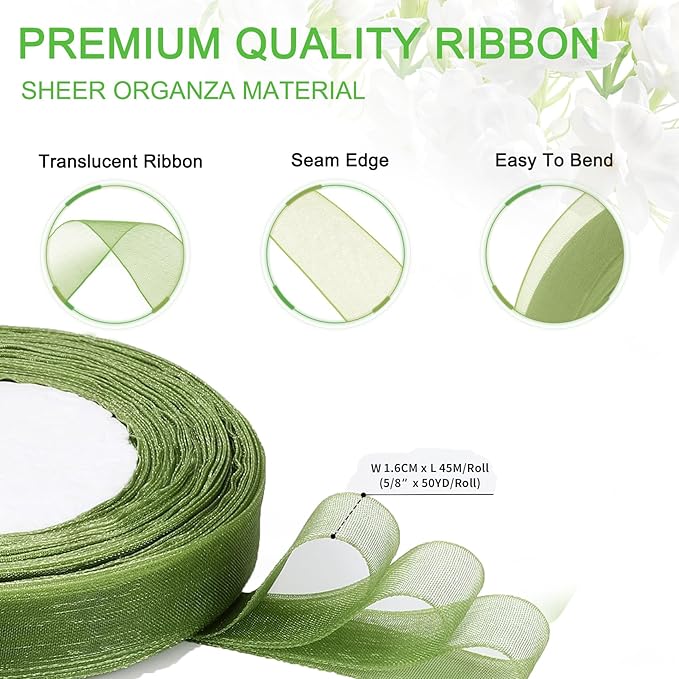 Green Ribbon for Gift Wrapping, 1 inch 50Yard Sage Green Sheer Organza Ribbon - Image 2