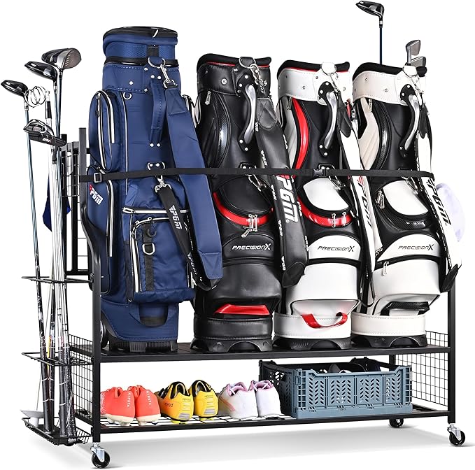 Mythinglogic 4 Golf Bag Storage Organizer, Extra Large Golf Storage Stand for Golf Bag Accessories, Golf Storage Rack for Garage, Golf Club, Basement