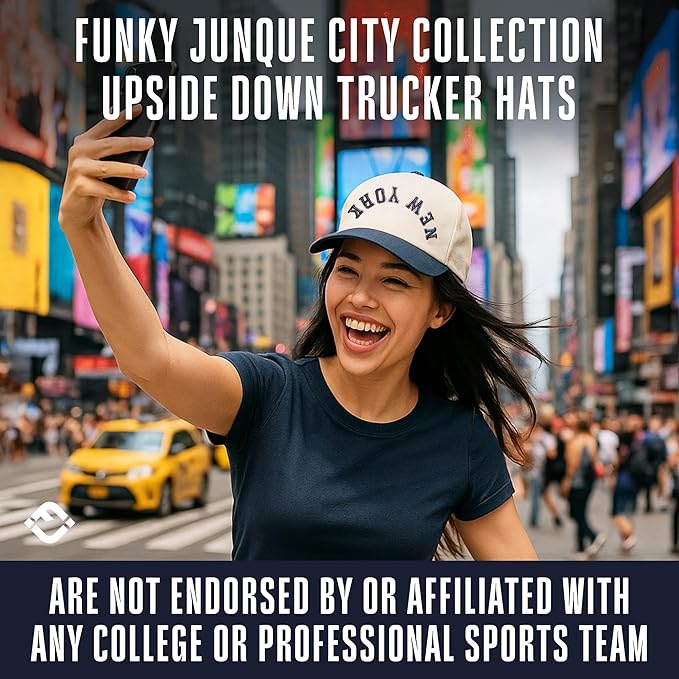Funky Junque Upside Down City Trucker Hat for Men and Women – Unisex 3D Embroidered Gameday Baseball Cap, Retro Snapback Hats