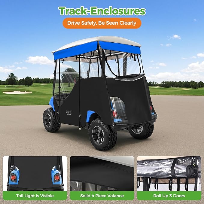 10L0L 2 Passenger Track-Style Enclosure Cover for Yamaha G29 Drive/Drive 2, Waterproof 600D Polyester Rain Shelter with Pre-Drilled Awning Track, 3-Piece Zip-Off Design, Roll-Up All Sides,Valance