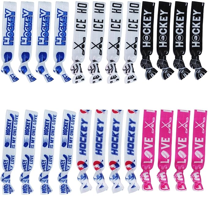 YKW 24 Pack Hockey Headbands Hair Ties No Crease Elastic Sports Hair Accessories for Women Girls Players - Team Gifts Sports Party Favors Blue Pink Black Ice Hockey Ribbon Ponytail Holders