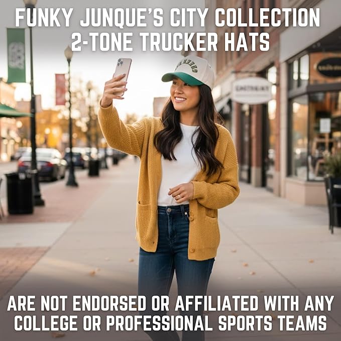 Funky Junque Upside Down City Trucker Hat for Men and Women – Unisex 3D Embroidered Gameday Baseball Cap, Retro Snapback Hats