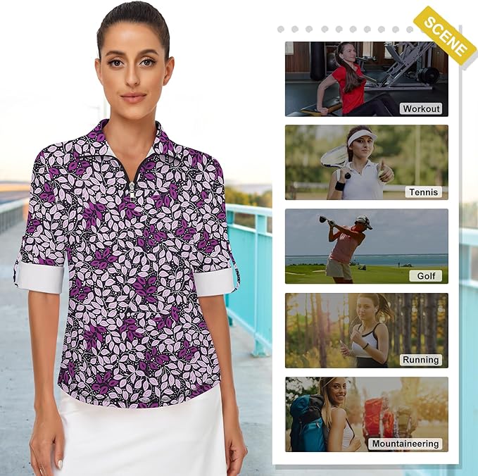 Koscacy Women's 3/4 Roll Sleeve Golf Tennis Polo Shirts UPF50+ Half Zip Dry Fit Workout Tops Athletic Shirt