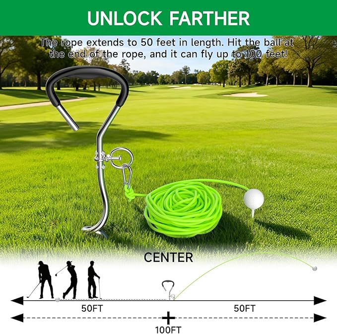 Golf Swing Trainer with 2 Golf Swing Ball & Rope, Golf Training Aid for Backyard, 3 Calibrated Golf Stakes to Analyze 50 Feet of Golf Training Balls Flight, Home Outdoor Golf Swing Practice