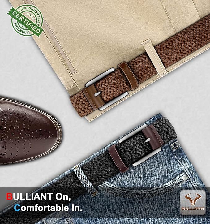 BULLIANT Belt for Men 2Pack,Mens Gift Stretch Braided Web Belt Elastic for Casual Golf Jeans,1 3/8"