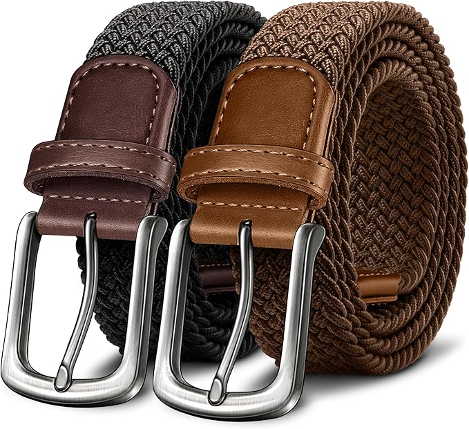 KEMISANT Men's Golf Belt 2 Pack-Braided Woven Stretch Belt for Gift Men Casual Jeans Sports Work 1 3/8"