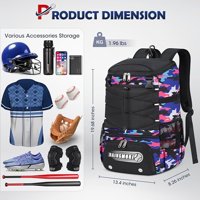 RAINSMORE Baseball Bag for Youth & Adult Lightweight Softball Bat Bag with Shoe Compartment, External Helmet Holder and Fence Hook Waterproof Baseball Backpack Hold T-Ball, Bat and Softball Equipment