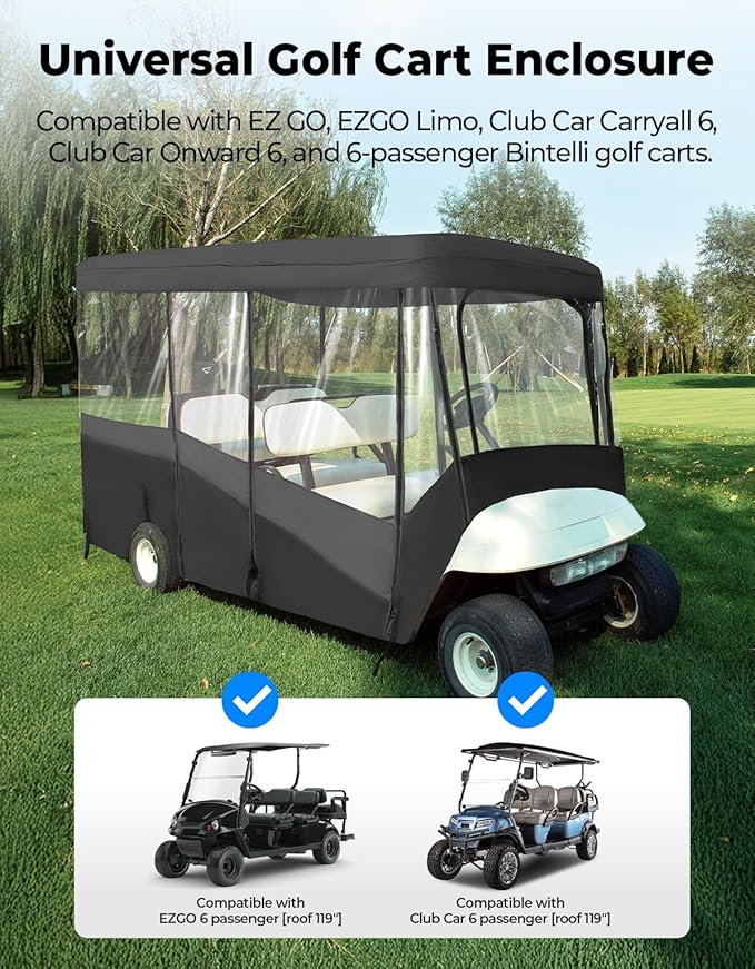 KEMIMOTO Golf Cart Enclosure, 6 Passenger Golf Cart Rain Cover, 600D Waterproof Driving Enclosure with Clear PVC Windshield for Extended Roof Golf