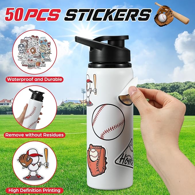 Ceenna 2 Pcs 24 oz Baseball Water Bottle with 50 Stickers, Stainless Steel Insulated Travel Tumbler Baseball Gifts for Team Sports Fans, Travel Gym Hiking Cycling Camping Bike Cages