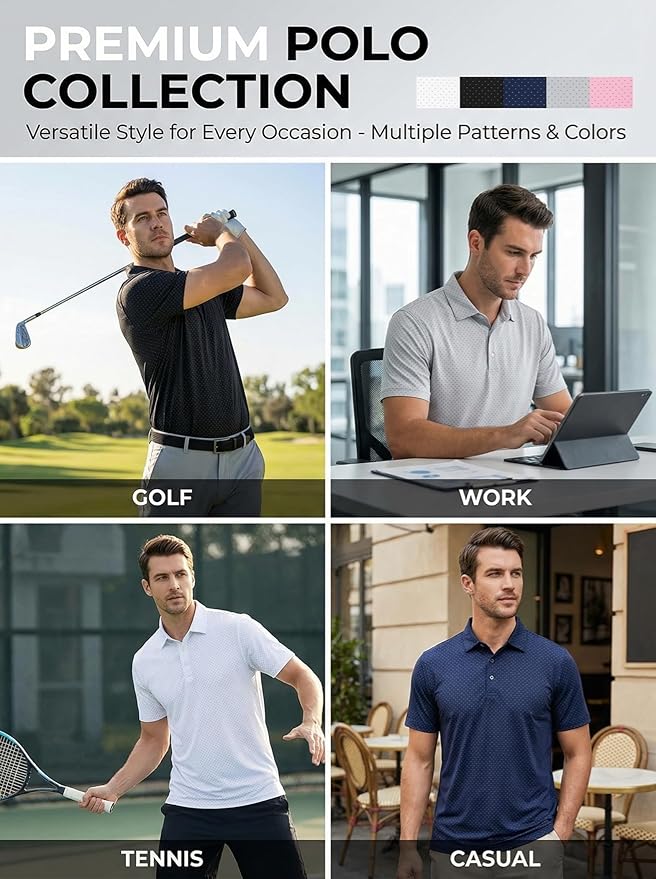 Men's Golf Polo Shirts Short Sleeve Moisture Wicking Dry Fit Performance Print Patterns Collared Polo Shirt