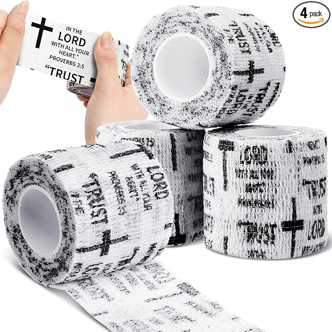 Geiserailie 4 Pcs Cross Tape Christian Athletic Tape 2 Inches x 14.8 ft Elastic Sport Wrist Wrap Jesus Self Adhesive Bandage for Baseball Soccer Football Boxing Tennis Gymnastic Sports Church Gifts