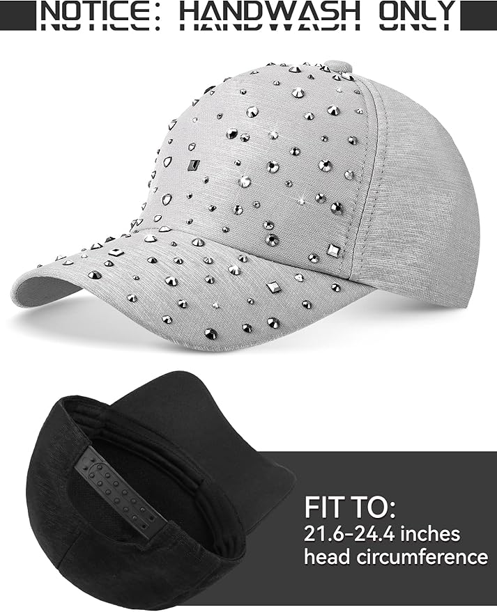 Loopeer 2 Pcs Adjustable Breathable Rhinestone Baseball Cap for Women Men Sequins Casual Sports Cap Rhinestone Hat