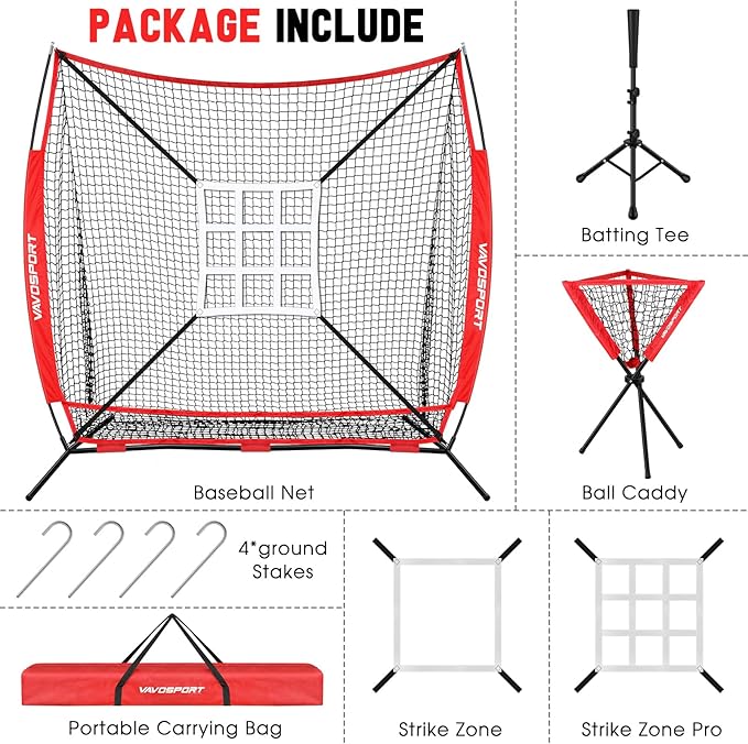 7x7' Baseball & Softball Net for Batting Pitching Hitting - Large Ball Collection System, Portable Baseball Training Equipment with Strike Zone, Tee, Ball Caddy, for Adult Sport,Youth Practice