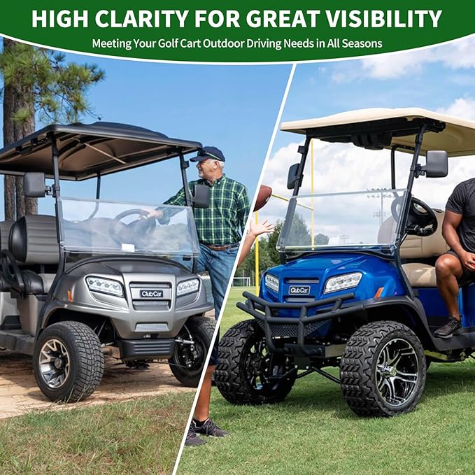 Clear Golf Cart Foldable Windshield 3/16" (5MM) Thicken for Club Car Precedent 2004+, Tempo & Onward 2017+, 37.4" W×32.7" H, Fits 1"×1" Strut Rail Window Glass Replacement Scratch-Resistant
