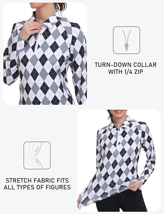 MoFiz Women's Golf Polo Shirt Long Sleeve Collared 1/4 Zip Stretch Soft Athletic Tops for Tennis Hiking & Outdoor Sports