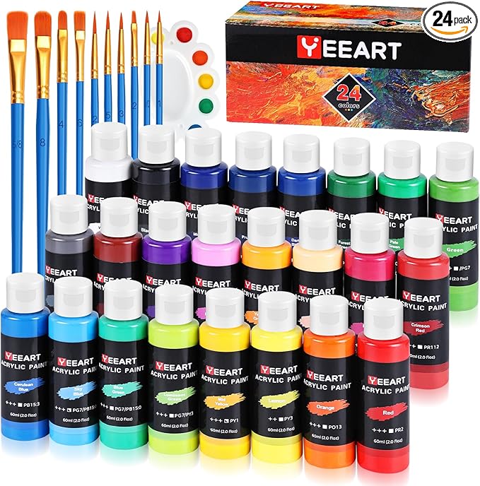 24 Colors Acrylic Paint Set, 2oz Bottles Classic Color, Rich Pigmented Canvas by Yeeart