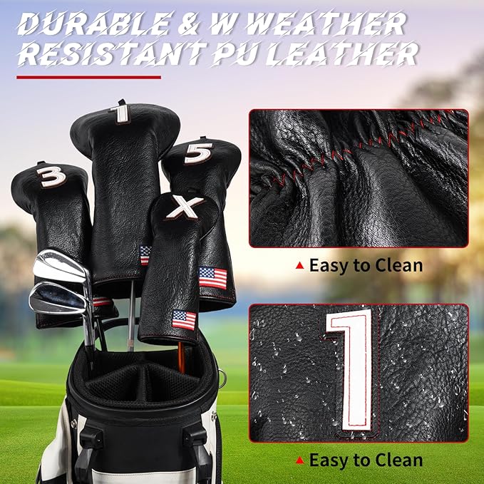Golf Head Covers, US Flag Patriotism Golf Club Cover for Woods and Driver, Fairway, Hybrid - Premium Leather Golf Club Head Covers with Interchangeable Tags