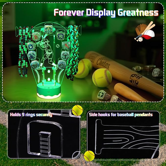CoolGift Mart Light Up Softball Ring Holder, 16 Colors 3D LED Lights Acrylic Championship Ring Display Stand, with Remote Control, Birthday Xmas Softball Gifts for Girls Women Players Fans