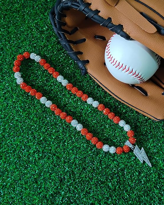 Baseball Necklace for Men 16/18/20 Inch Bling Ice Collection Lightning Bolt Pendant Necklace for Women Rhinestone Clay Beaded Discoball Accessories Gifts for Baseball Team Players Lovers