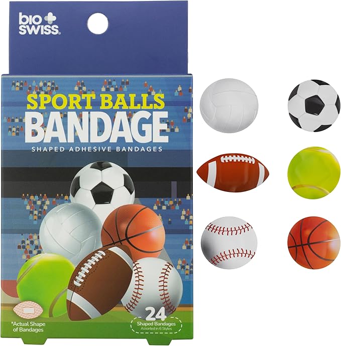 BioSwiss Bandages, Sports Balls Shaped Self Adhesive Bandage Set, Latex Free, Sterile Wound Care, 24 Count