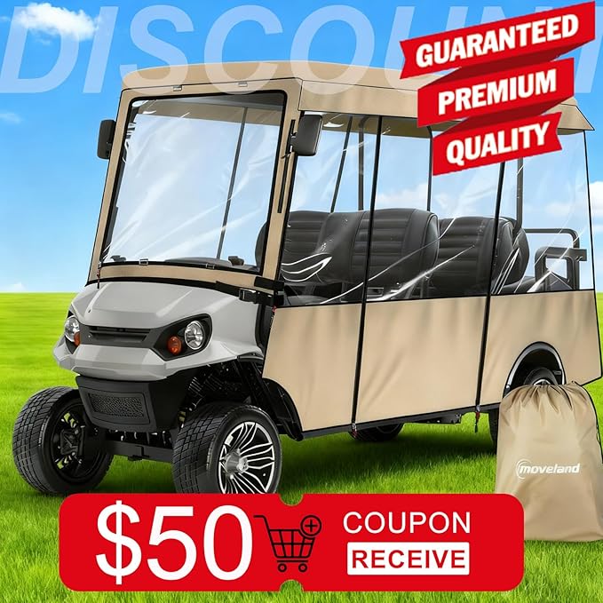 moveland Golf Cart Enclosure, Waterproof 600D Polyester w/Clear PVC Windshield, Compatible with EZGO Golf Carts (Fits 2 & 6 Passenger Models)