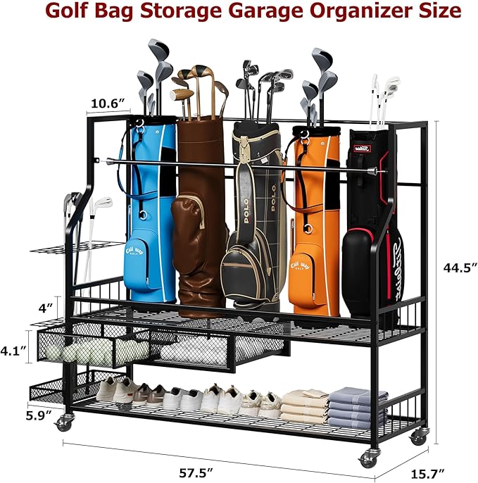 Golf Bag Storage Garage Organizer,Mobile 5-Bag Stand Fit for Golf Bag and Equipment Accessories,Golf Bag Storage Rack with Wheels for Garage