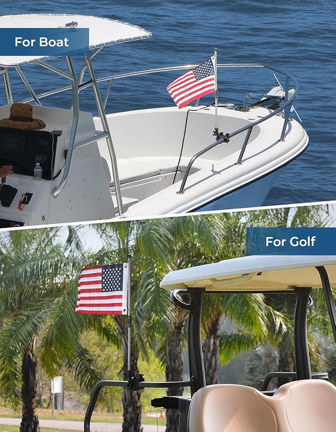 KEMIMOTO Golf Cart Flag Pole Kit, 360° Adjustable Golf Cart Flag Holder, Universal Fit for Golf Cart/Golf Push Cart/Boat, 2.5ft Flag Pole with USA Flag (12"×18"), for 0.8''-1.35'' Round/Square Rails