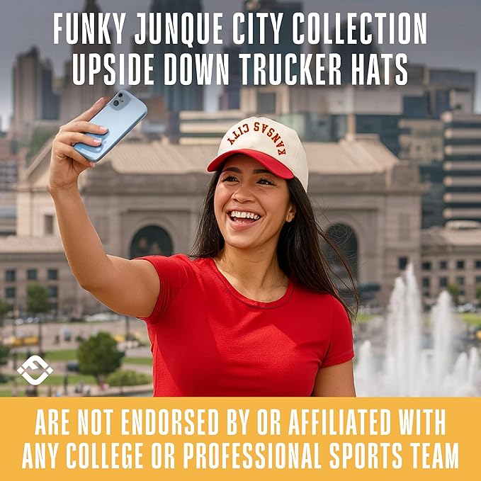 Funky Junque Upside Down City Trucker Hat for Men and Women – Unisex 3D Embroidered Gameday Baseball Cap, Retro Snapback Hats