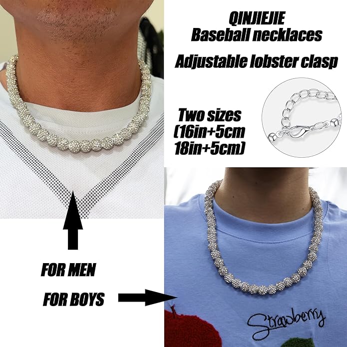 QINJIEJIE Baseball Necklace for Men Glitter Bling Rhinestone Beaded Collection Necklace for Women 16/18in Inspired Sports Jewelry Baseball Chain Cool Gifts for Baseball Players Team Lovers