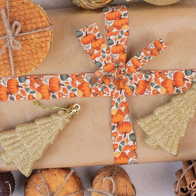 2 Rolls Fall Pumpkins Ribbons for Bows, Thanksgiving Wired Edge Burlap Ribbon - Image 4
