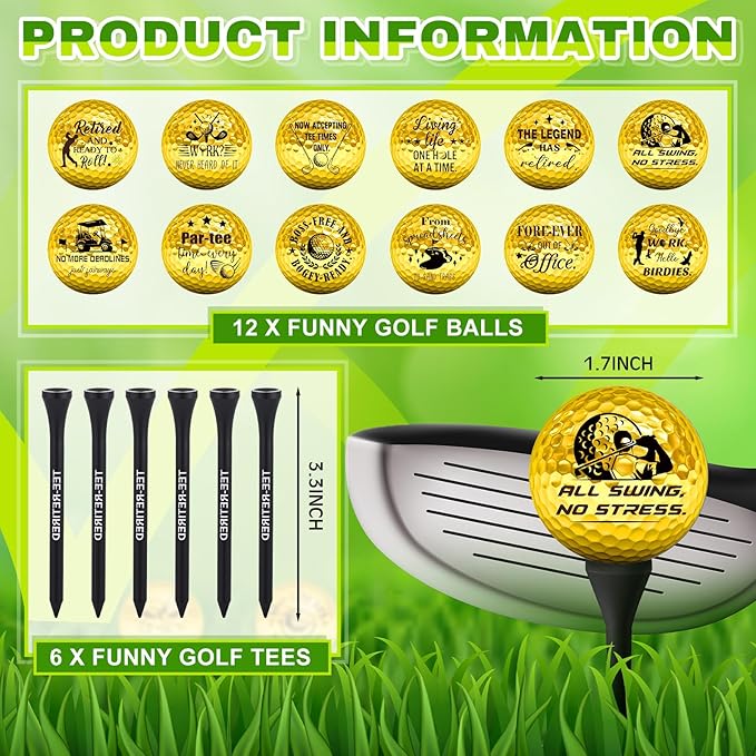 MiniInflat 18 Pcs Funny Golf Balls Gifts Set 12 Humor Golf Balls and 6 Tees for Men Women Coworkers Employees Golfers Birthday Retirement