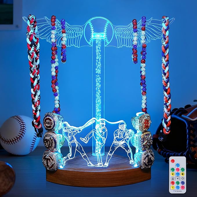 CoolGift Mart Light Up Baseball Ring Holder with Necklace Stand, Acrylic Display with Multiple Color Modes and Brightness Adjustment Function with Remote Control, Gifts for Baseball Enthusiasts