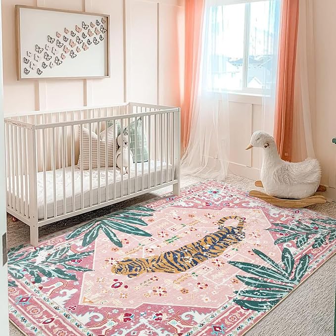 Washable Pink Rugs Boho Vintage Tropical Jungle 6x9 Area Rugs Jungle Oriental - Image 2