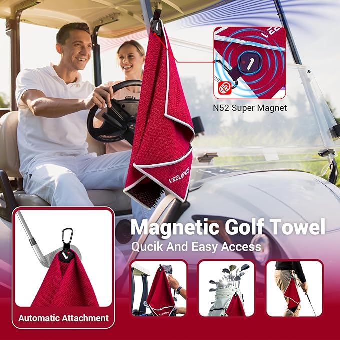 4-in-1 Magnetic Golf Towel with Golf Brush & Cleaning Pocket -3 Stage Cleaning System - Super Strong Golf Club Cleaner- Microfiber Waffle-15.7" X 23.6" Golf Accessories and Gifts for Men Women (RED)