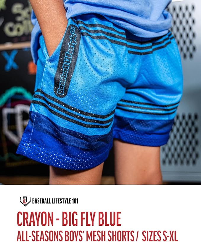 Baseball Lifestyle 101 Boy's Crayon Mesh Shorts w/Side Pockets and Elastic Waist, 5 in Inseam, Youth Sizes S-XL