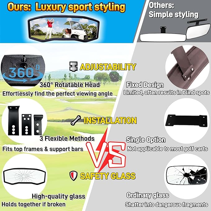 Golf Cart Rear View Mirror - Universal Racing Style Mirror with 3 Installation Kits & 360° Adjustable Ball Joint, Wide-Angle Clear HD Glass, Fits EZGO, Yamaha, Club Car, EPIC Golf Carts