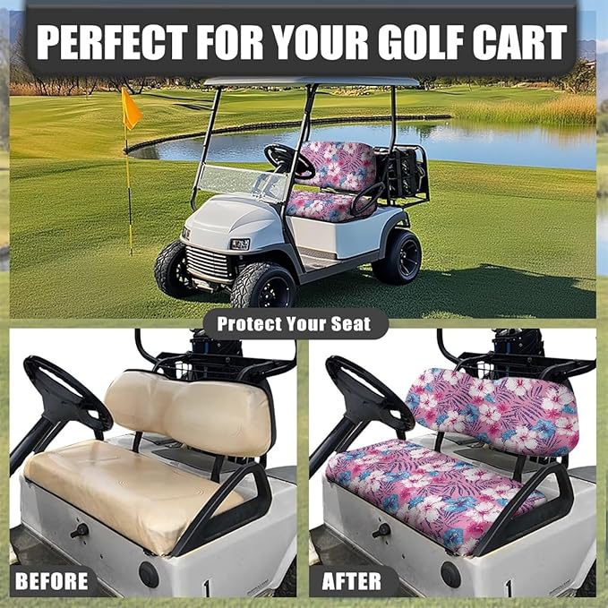 Bulopur Tropical Hibiscus Floral Golf Cart Blanket Seat Covers Club Car Golf Cart Seat Covers Non-Slip Breathable Cozy 2 PCS Golfcart Cushion Cover Washable