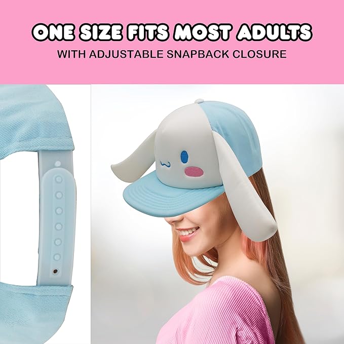 Hello Kitty Baseball Cap, Women's Snapback Hat with Flat Brim and 3D Ribbon and Ears