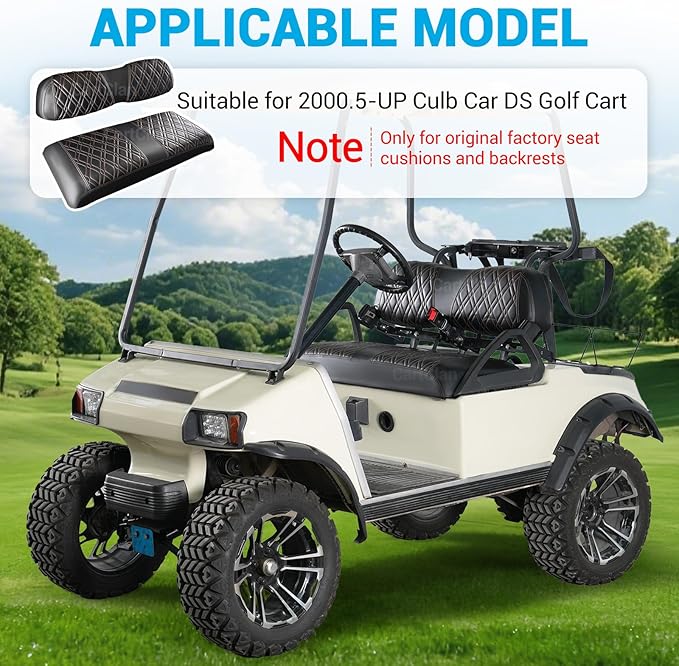Golf Cart Seat Covers Suitable for 2000.5-UP Club Car DS Standard Front Seat Cushion, Golf Cart Front Seat Covers Kit No Drilling & Waterproof (Black PVC Leather & Brown Stitching)