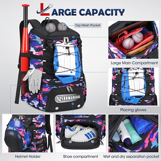 RAINSMORE Baseball Bag for Youth & Adult Lightweight Softball Bat Bag with Shoe Compartment, External Helmet Holder and Fence Hook Waterproof Baseball Backpack Hold T-Ball, Bat and Softball Equipment
