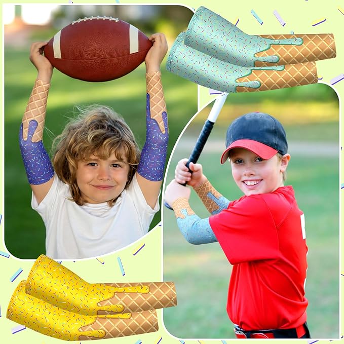 JaGely 16 Pairs Ice Cream Arm Sleeves for Kids UV Sun Protection Football Basketball Baseball Compression Long Sleeves Youth