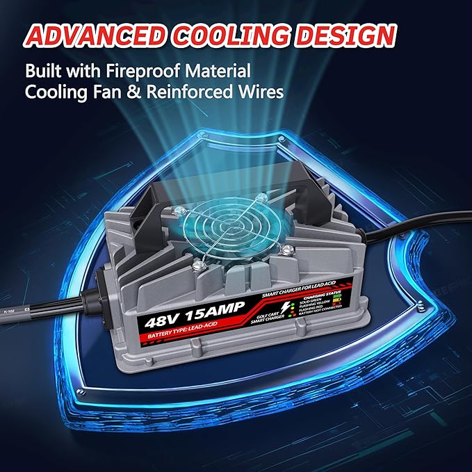 15 Amp 48 Volt Golf Cart Battery Charger for EZGO RXV & TXT - 3-Pin Triangular Plug, Smart Charger for Lead-Acid Batteries, IP67 Waterproof, Multi-Protection, Unique Design (Silver)