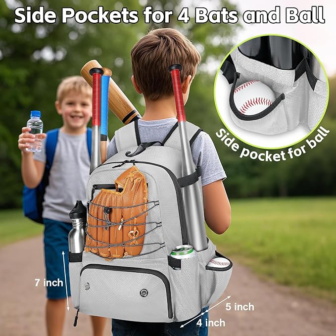 MATEIN Baseball Bat Bag for 4 Bats with Ball Pocket, Lightweight Youth Baseball Backpack with Shoe Compartment, Large Capacity Softball Equipment Bag with Fence Hook for TBall Gear, Helmet, Glove