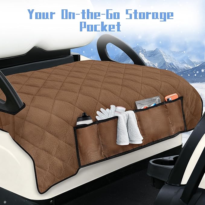 YOKYHOM Golf Cart Seat Covers with 4 Front Pockets, Thick Seat Towel Blanket with Non-Slip Backing, Fits EZGO, Club Car, Yamaha and More 2 & 4 Passenger Golf Carts, Dark Brown