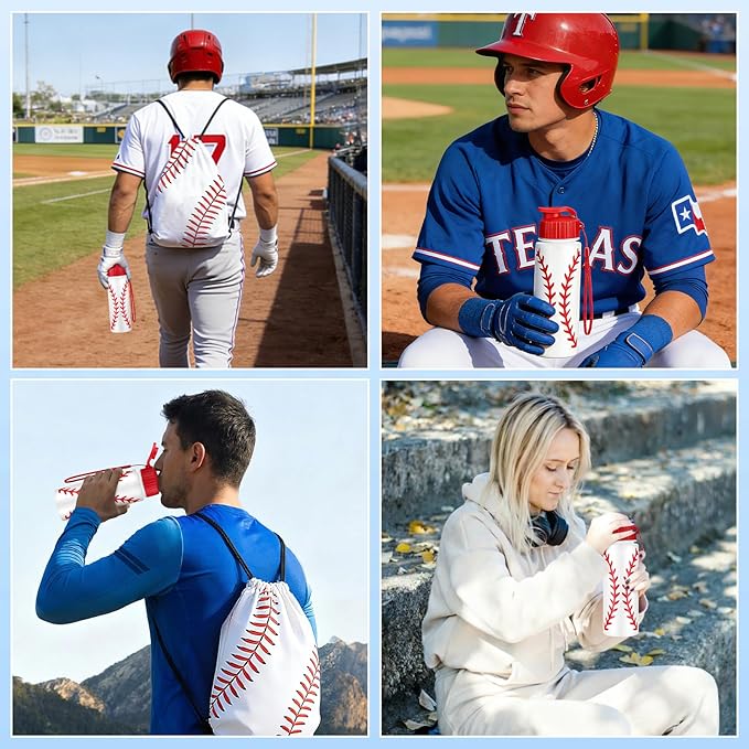 Olgaa 12 Pcs Baseball Party Favors Include 6 Pcs Water Bottle 20 oz 6 Pcs Drawstring Bag Sports Themed Reusable Drink Bottles Bulk Accessories for Players Lovers Team Gifts (Baseball)