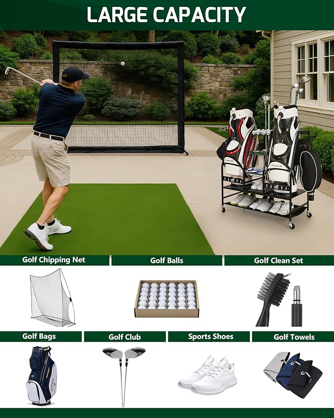 Mythinglogic 2 Golf Bag Storage Organizer, Golf Bag Stand and Other Golfing Equipment Rack for Garage, Extra Storage Rack Design for Golf Clubs