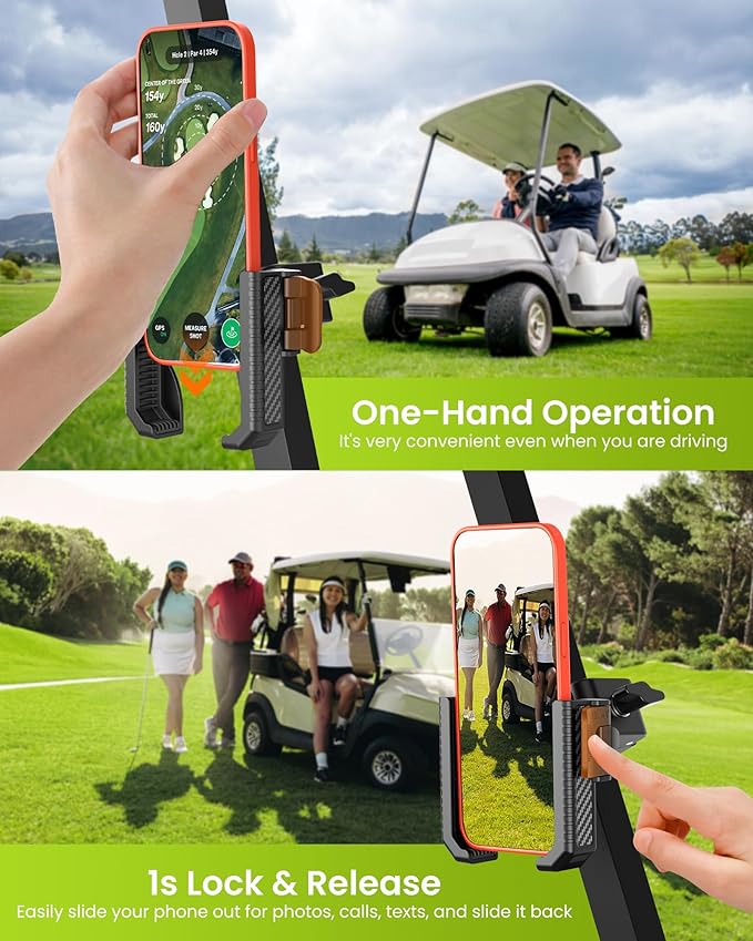 Golf Cart Phone Holder Mount - 3s Phone Clip Install, 1s Lock & Release，Phone Caddy for iPhone Galaxy & More Fits Yamaha Club Car EZGO Icon, Golf Cart Accessories Essentials Gift for Men Women