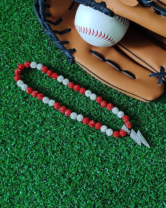 Baseball Necklace for Men 16/18/20 Inch Bling Ice Collection Lightning Bolt Pendant Necklace for Women Rhinestone Clay Beaded Discoball Accessories Gifts for Baseball Team Players Lovers